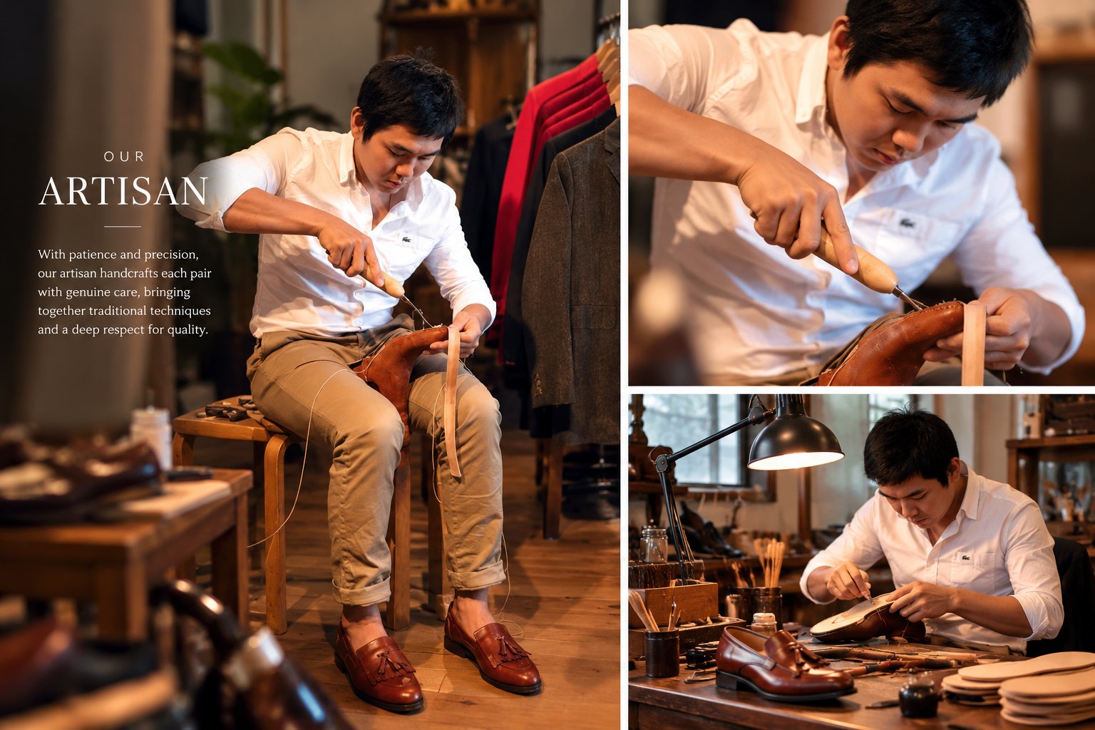 Bell at work: hand-stitching a shoe, a close view of his hands, and his workbench