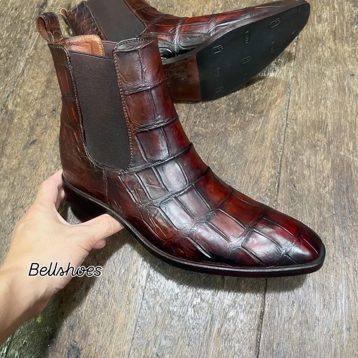 Burgundy Chelsea boot in crocodile-pattern leather