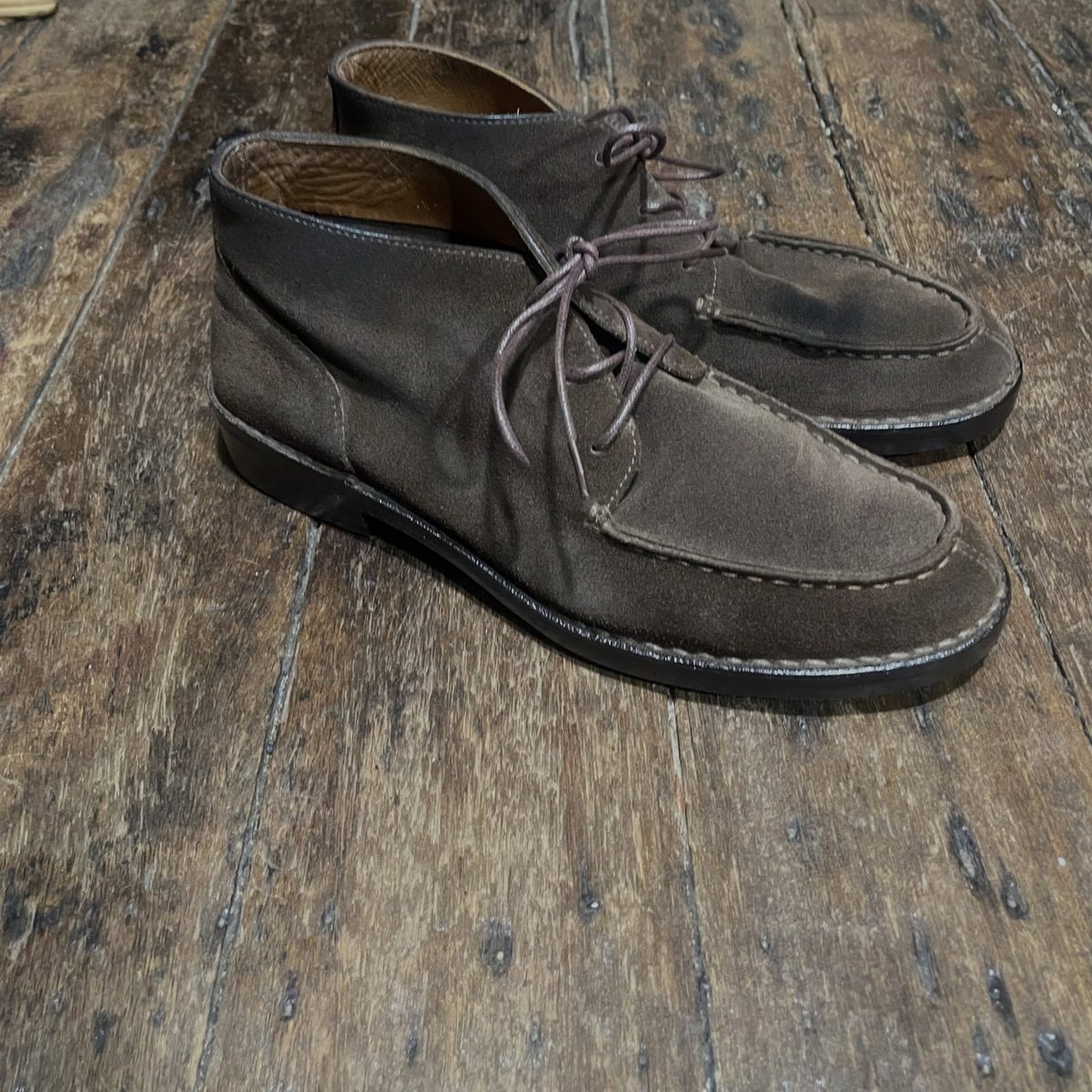 Brown suede chukka with hand-stitched apron front